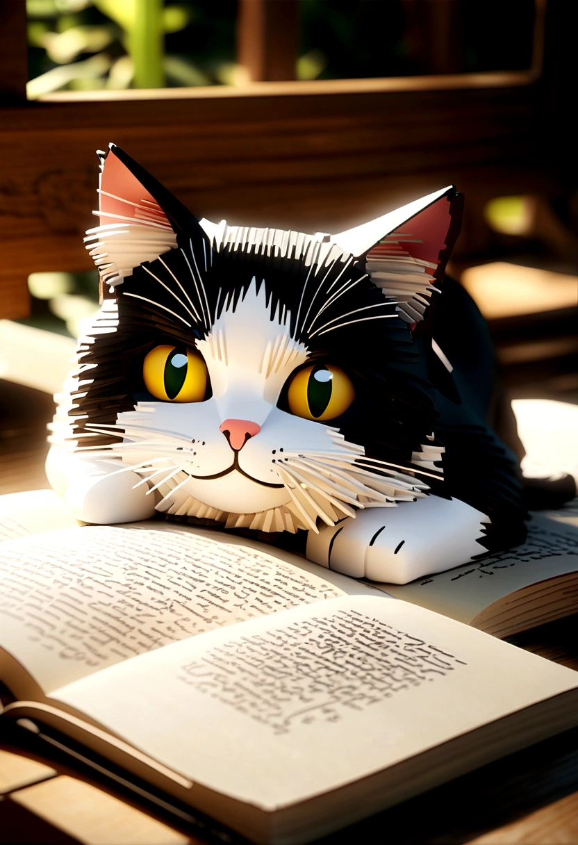 Highest quality、masterpiece、Detailed CG、cute cat、Norwegian Forest Cat、Handwritten style、icon、Yellow-green eyes、Resting on a closed book、3D Art