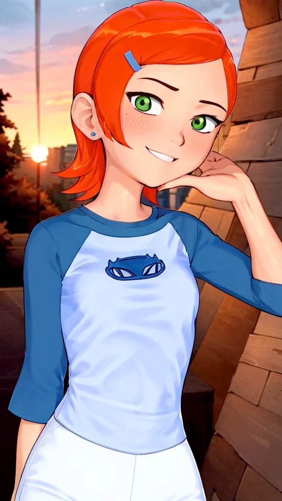 ((best quality)), ((highly detailed)), masterpiece, absurdres, (detailed eyes, deep eyes), (1girl), dynamic pose, upper body, gwen, hairclip, smiling, blue see trough shirt, raglan sleeves, white pants, (outside, in a wild west town, sunset) , hot body , sexy , (medium breasts1.2) , wet , full body , blush , holdong cock to her face 