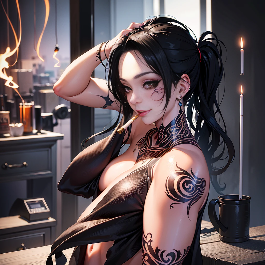 (nsfw), (Stunning and Explicit CG Unity 8k Wallpaper), (Masterpiece), (Ultra-High Quality), (Superb Detail), (Museum-worthy Illustrations), (Striking Shadows), (Sultry Smoky Eye: 1.1), (Intimidating Tattoos, Cigarette Hanging: 1.3), ( Broken Heart: 1.2), (Vibrant and Edgy Vector: 1.2), (Wicked and Inviting Smile).