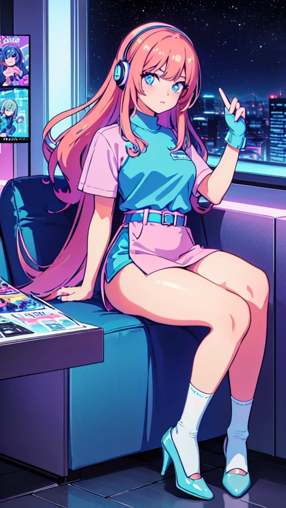 (masterpiece), Highest quality, Expressive eyes, Neon pastel aesthetics, Retro 90s, Neon color,((Girl sitting on sofa,In a cozy room,Records hanging on her wall, Comic books on the floor, Looking out the window behind her at the night city, Upholstered room, Anime figures lined up on a shelf)), Wearing headphones, (All around her it sparkles), (Wearing high socks and heels), (blue eyes), (Soft look), (Synthwave Art Style), Colorful Hair, Desk with PC set up