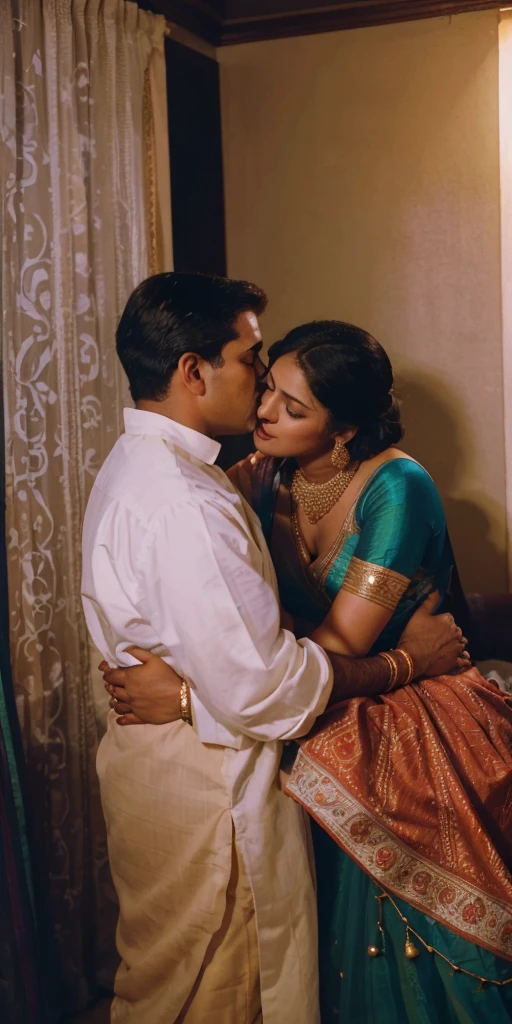 35mm film photography, A middle-aged Caucasian man with short dark hair tenderly embracing and kissing a young, curvaceous South Indian bride dressed in a traditional Indian dawani in a comfortable living room. A group of three Caucasian men observing the couple., high detail, split gradient colors background, full body image