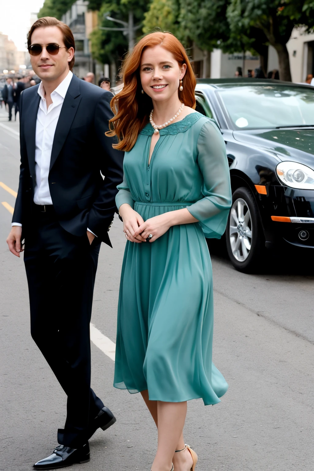 ((mejor calidad)), ((Obra maestra)), (detallado), ((realista)), 1 woman in her 30s, American actress "Amy Adams", orange hair, hip-length hair, blue eyes, wearing an elegant and vintage, Green dress, knee-length dress with long formal sleeves, high heels, pearl earrings, pearl necklace, getting out of a black car, paparazzi and photographers taking pictures of her casually, casually, with two bodyguards at the car door, casually and naturally, smiling, not looking at the camera.