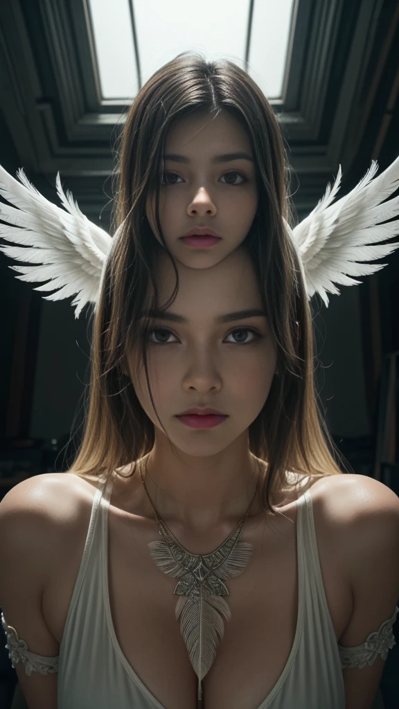 a falling angel, dramatic lighting, cinematic, heavenly clouds, dramatic atmosphere, intricate feather details, glowing aura, photorealistic, highly detailed, masterpiece, 8k, realistic, dramatic shadows, volumetric lighting, epic, cinematic composition, dramatic sky, God ray lighting, beautiful lighting, ultra-detailed, hyper-realistic