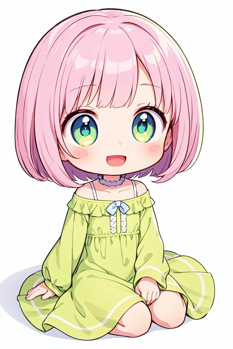 chibi, flat color, solo, full body, cute, (highest quality), pink Hair, lime green Eyes, bob cut, ((wavy hair)), off shoulder, Beautiful Eyes, A big smile, A bright and curious personality, Mood makers, Cheerful, open mouth, (yellow Sleep dress), white background, (masterpiece)