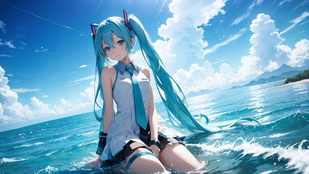 Please draw Hatsune Miku in detail using upscale。The background is just the sky and horizon of an infinite digital world.、Light particles and electronic ripples are the only decoration。Miku's costume has a simple and modern design.、Her presence stands out in this empty landscape.。