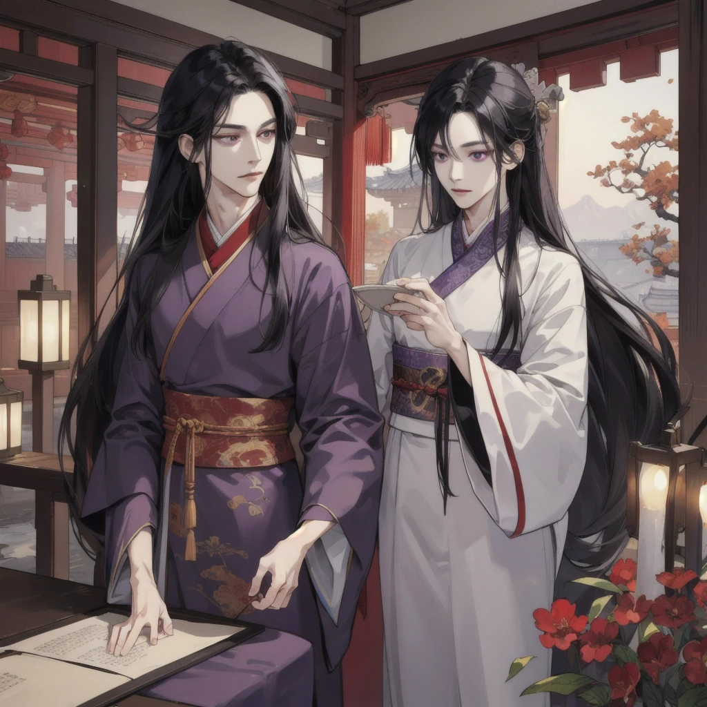 (nonsense, height, Very detailed, HDR), Masterpiece, complicated, best quality, man, long black hair, Korean Page, purple eyes, Hanfu costumes, interiors with Chinese style details., Detailed characters