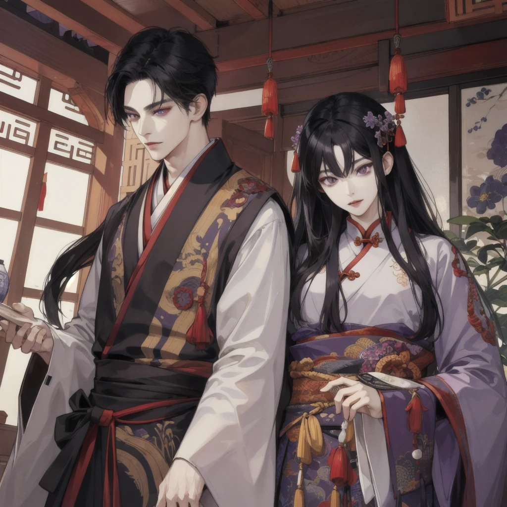 (nonsense, height, Very detailed, HDR), Masterpiece, complicated, best quality, man, long black hair, Korean Page, purple eyes, Hanfu costumes, interiors with Chinese style details., Detailed characters