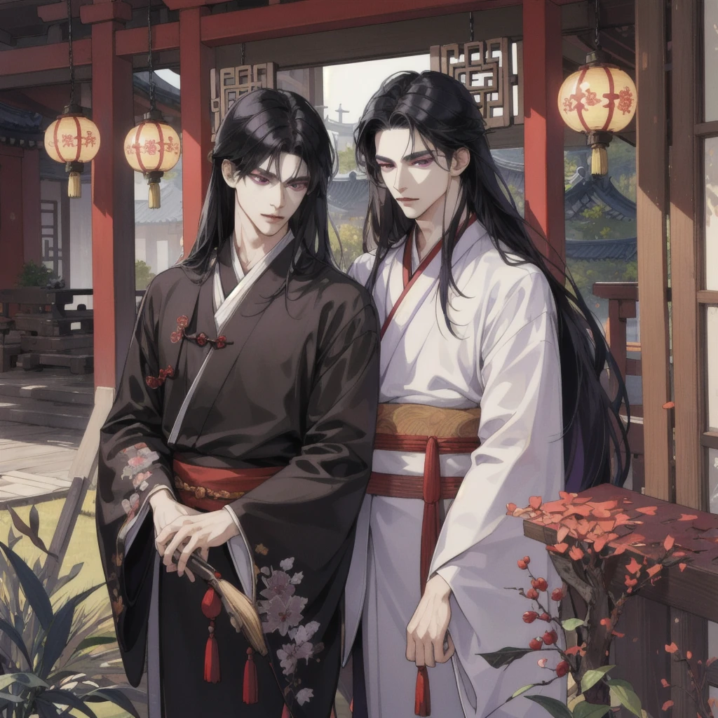 (nonsense, height, Very detailed, HDR), Masterpiece, complicated, best quality, man, long black hair, Korean Page, purple eyes, Hanfu costumes, interiors with Chinese style details., Detailed characters