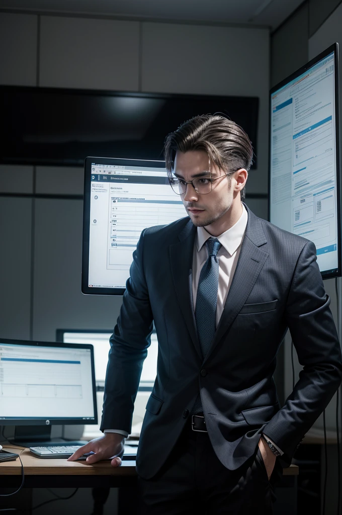 Create a professional man, working on a project! In front of a computer screen, he is planning a Lean Management planning framework! On the computer screen, The phased structure of your Lean Management project should appear!