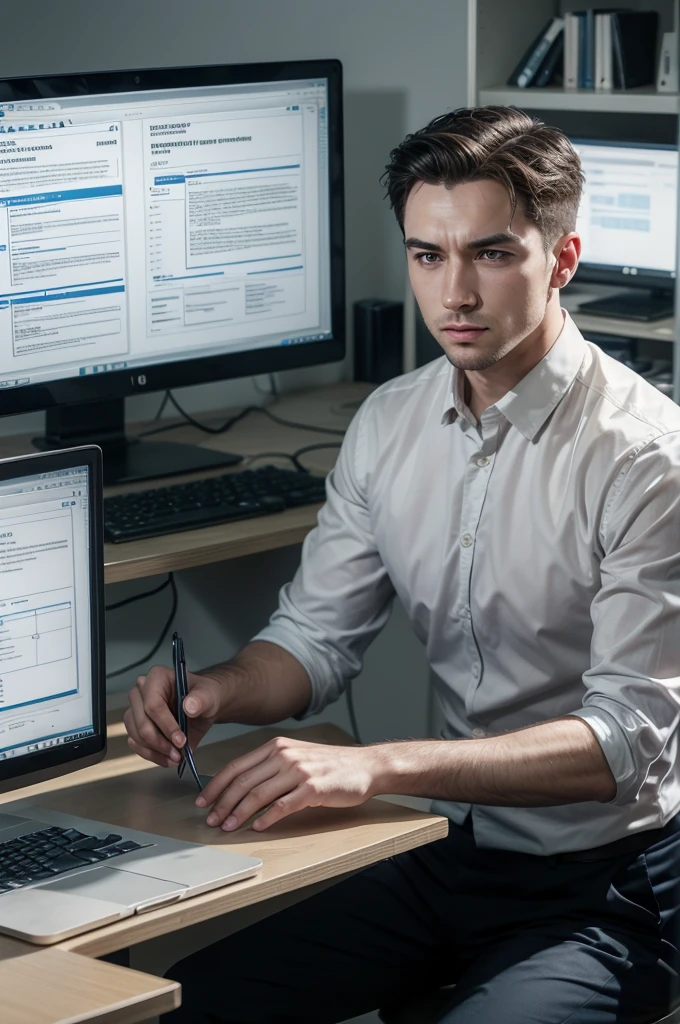 Create a professional man, working on a project! In front of a computer screen, he is planning a Lean Management planning framework! On the computer screen, The phased structure of your Lean Management project should appear!