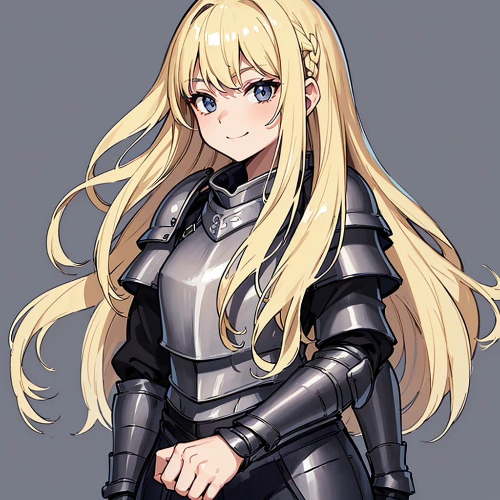 (((Solo)))、Highest quality, Best Quality、(((Gray simple armor、Black trousers))、(woman、18-year-old)、(Blonde、Long Hair)、(Cowboy Shot)、(Simple Background)、(be happy、happy)