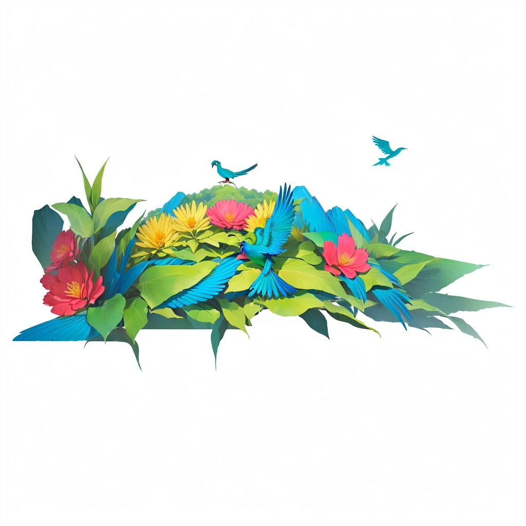 A minimalistic representation of the Quetzal bird, emphasizing the face, eyes, chest, and wings. The midsection is highlighted with defined boundaries and minimal accents. The landscape orientation is maintained with fewer flowers and leaves.