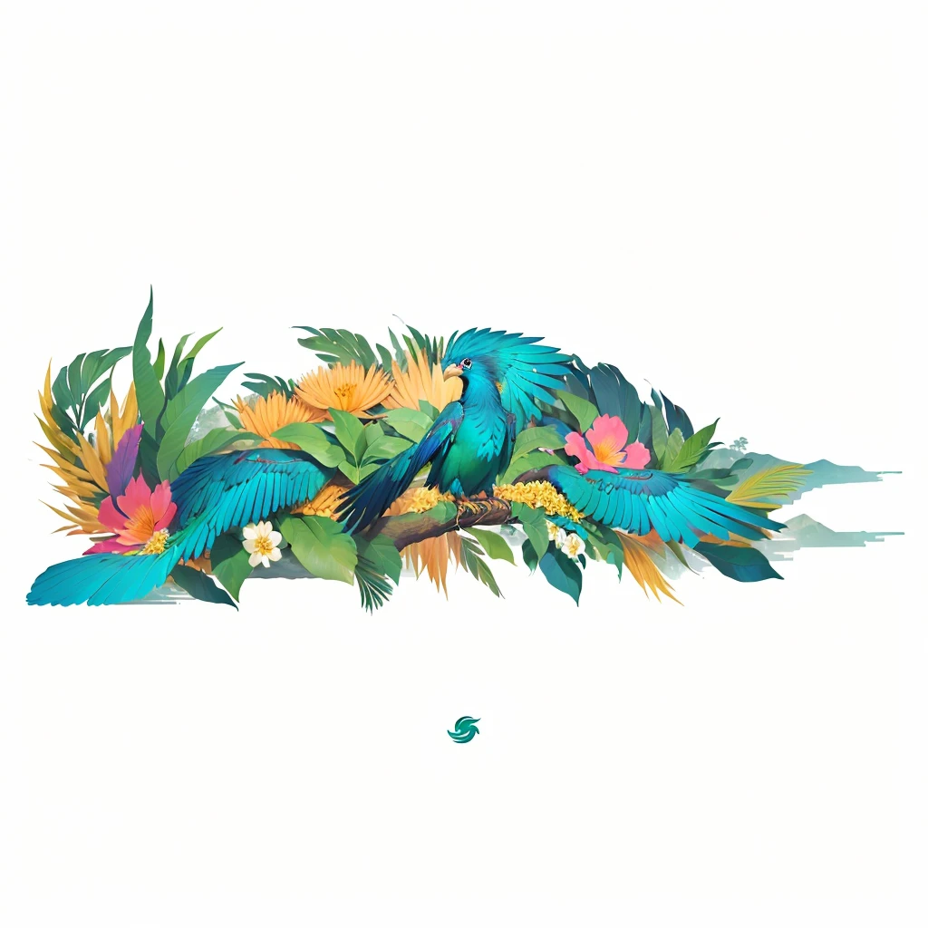 A minimalistic representation of the Quetzal bird, emphasizing the face, eyes, chest, and wings. The midsection is highlighted with defined boundaries and minimal accents. The landscape orientation is maintained with fewer flowers and leaves.