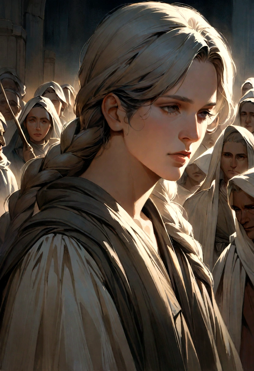 Jeremiah calls the Israelites to repentance, The Cry of the Prophet,Gatherings with large numbers of people, papyrus,Weathered parchment,Old gowns,,History reference,High-quality artwork and details,Realistic portrait style,Subtle color palette,vibrant background,natural textures,Deep Shadows,Subtle highlights,Historical accuracy,meticulous attention to detail,Emotional depth and intensity,Authentic Representation,Thought-provoking,Spiritual atmosphere,A Sense of Ancient Wisdom,Profound impact