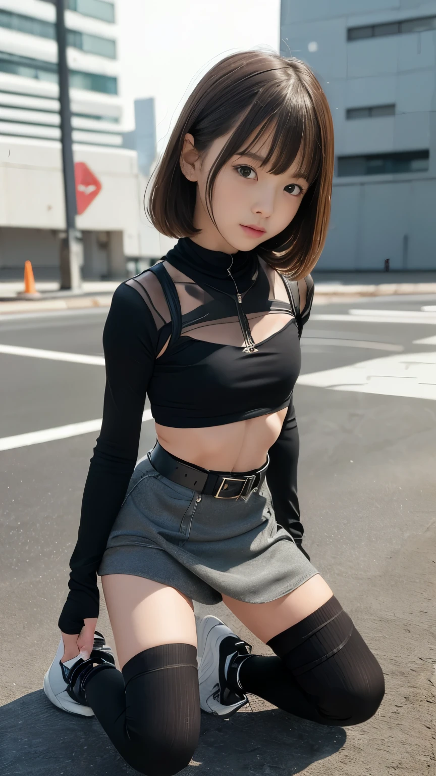 high quality, ​realistic masterpiece, girl kneeling, legs tied, wrists bound, Beautiful ten girls, small skinny girls, cute girl face, cyberpunk, Wearing cute outfit with cutouts and belts, skinny athletic body showing legs, innocent, playful, Famous actresses of Japan, very beautiful face, shibari, skirt