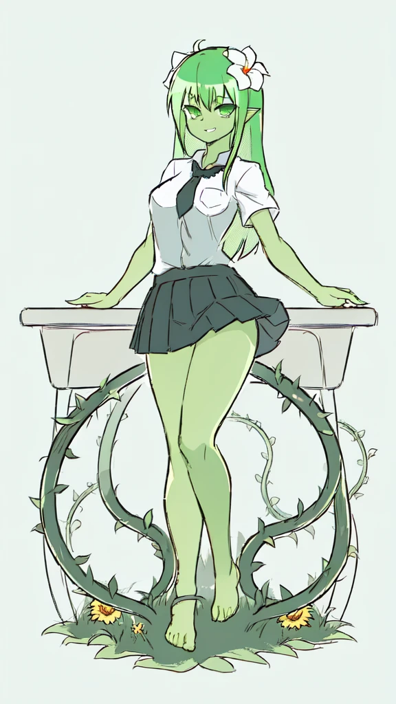 1girl,20s,adult,madure female,, alraune, white shirt,short sleeves,black standard tie,black school skirt,green hair,long hairmflower, vines on body, full body, classroom,(greenskin)