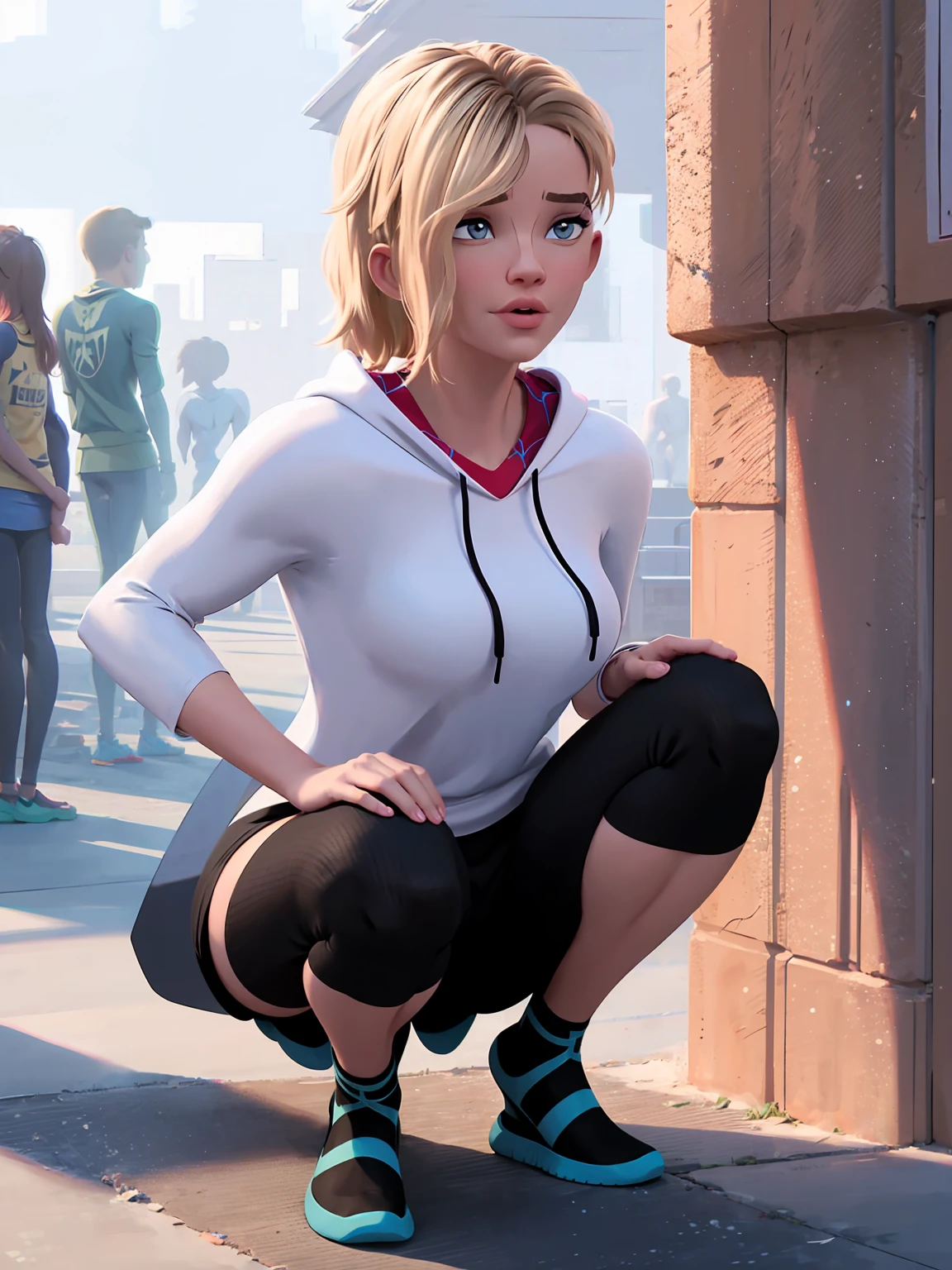 realistic,high contrast, (curvy female figure), 1girl, sgwen, outdoors, street, squatting over you, hoodie, thick hips, (erotic), planturous body, shirt, skirt, slutty outfit,