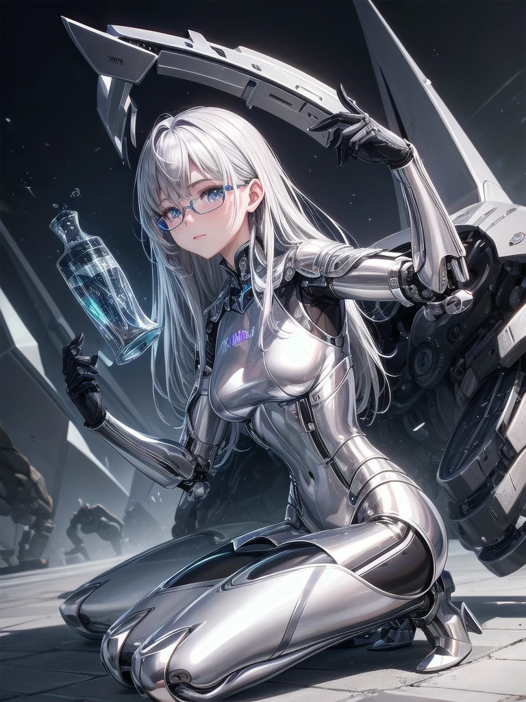5 8K UHD、Silver metallic body mechanical beauty with glasses is kneeling、Silver metallic robot with hidden skin shiny