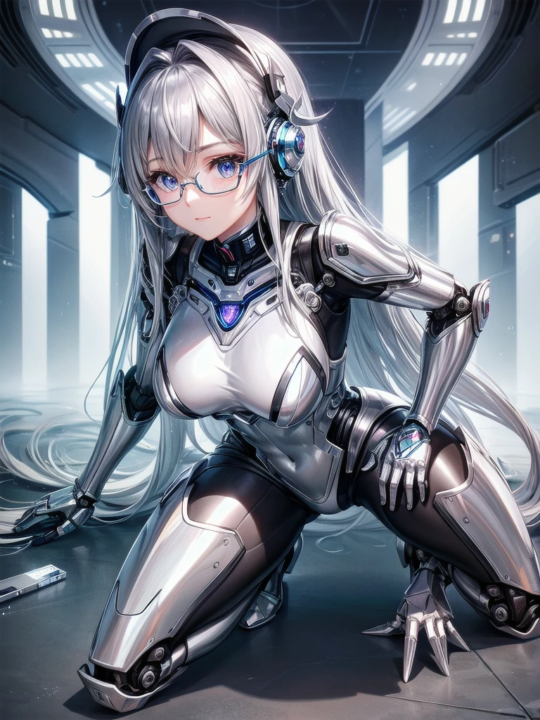 5 8K UHD、Silver metallic body mechanical beauty with glasses is kneeling、Silver metallic robot with hidden skin shiny