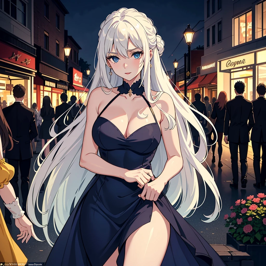 (High-quality, NSFW) Elegant Beauty Amidst the City's Twilight, a sunset-lit mall provides a romantic backdrop for an enticing encounter. The long-haired beauty stands, with hair cascading down her back, effortlessly exuding a sensual allure. Despite the crowded mall, her gaze is fixed intently on the viewer, her intense blue eyes whispering an invitation. Clad in a form-fitting, sleeveless dress, her ample cleavage and slender waist are artfully highlighted. A subtle smile plays on her lips, yet her eyes betray an undercurrent of desire. A delicate strap of her dress sl