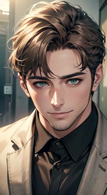 (best quality,4k,8k,highres,masterpiece:1.2),ultra-detailed,(realistic,photorealistic,photo-realistic:1.37),cinematic lighting,1:4 hdr image,a mature man, 29 years old,very handsome,cold expression smile in love, short grey brown hair, green eyes,flawless face,buttoning his jacket,CEO