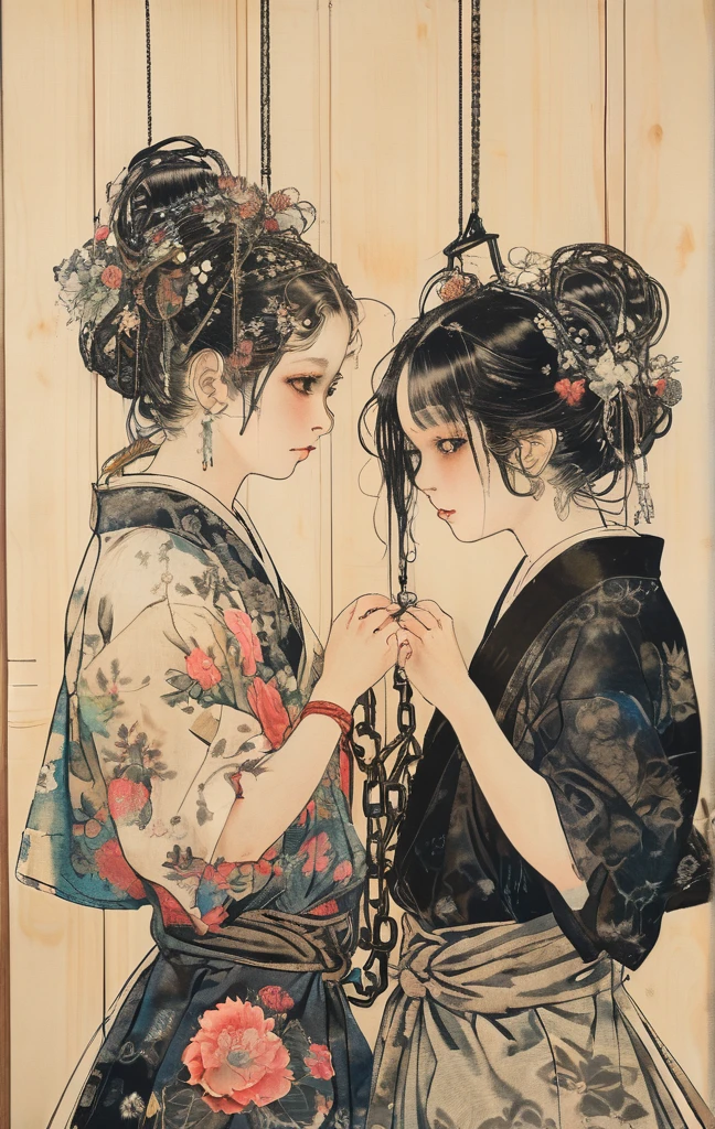 japanese line art , two school girls in a garden tying each other up with chains and rope, knots, bdsm , floral damask background , in the style of takato yamamoto