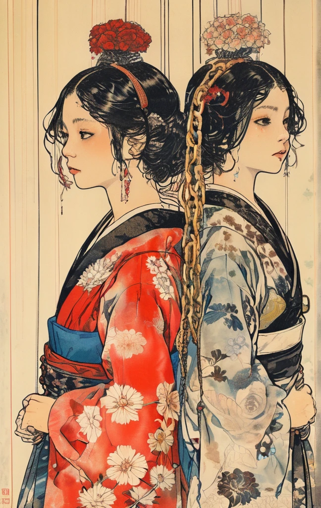 japanese line art , two school girls in a garden tying each other up with chains and rope, knots, bdsm , floral damask background , in the style of takato yamamoto