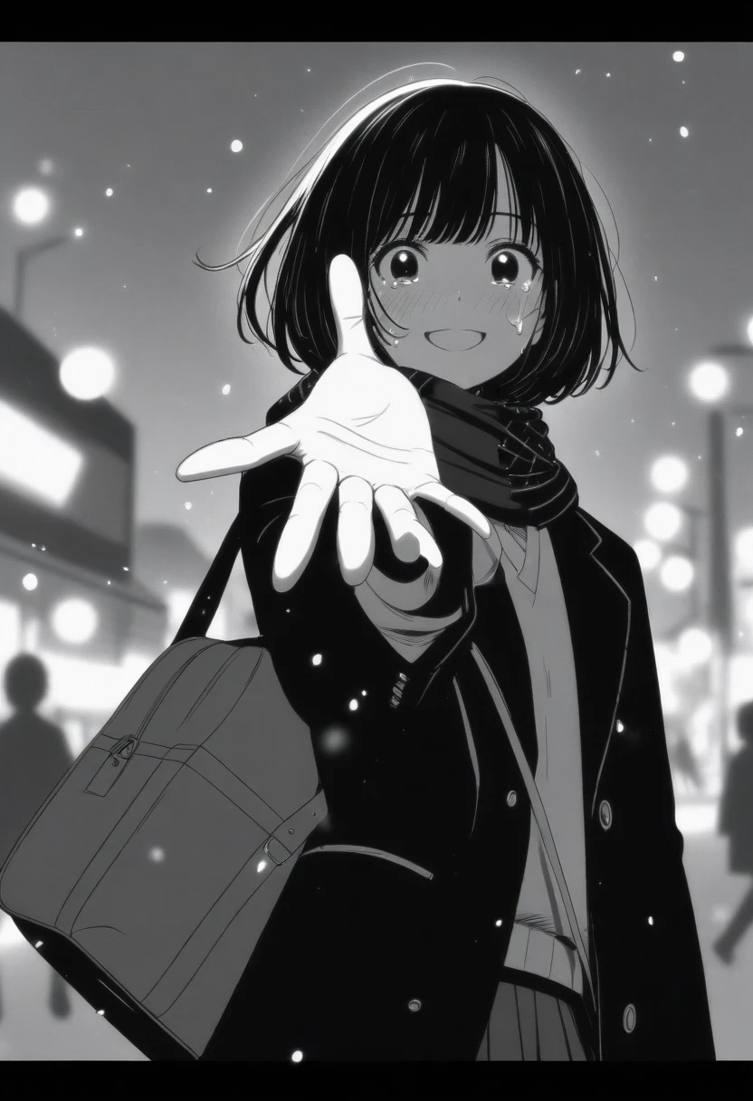 masterpiece, best quality, 1girl, mamerakkkkko, grayscale, manga style, japanese, chi no wadachi, black eyes, street, iced, black hair, schoolbag, smile, lineart, black coat, black scarf, black pleated skirt, leggins, centered, 18 years old, tall, fair skinned, bokeh background, crying, tears, tears streaming, bob cut, light particles, centered, snowing, (((reaching out left hand to viewer, perfect hand, detailed hand:1.1)), emotional anime scene, (very aesthetic, best quality, ultra detailed), intricate details
