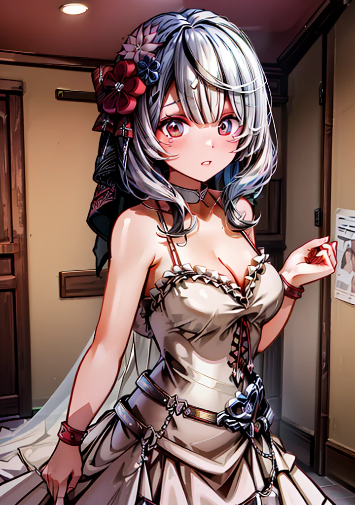 (Ultra-high resolution,masterpiece, Attention to detail, Highest quality), 4K,(Silver Hair,short),(Blessed,Captivating body、Ultra-detailed skin、Beautiful Eyes、Detailed Background),One girl、(Wedding dress、Embarrassing:1.3),Wedding hall