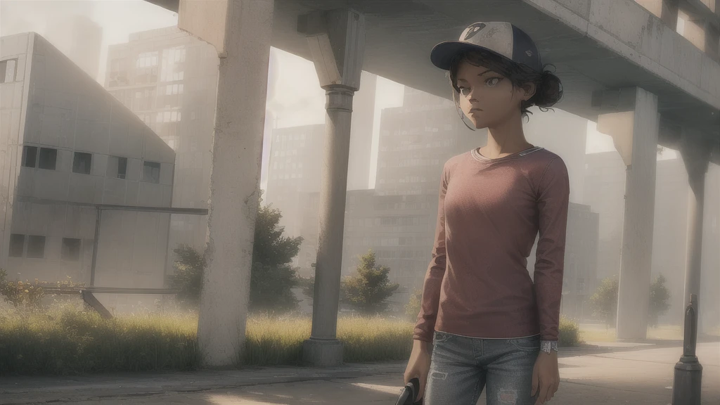 ((Masterpiece, best quality)),(Complex lighting) , alone,1 girl, Clementine, black skin, baseball cap, jeans, shirt,long sleeve, low boxing, hair bun,