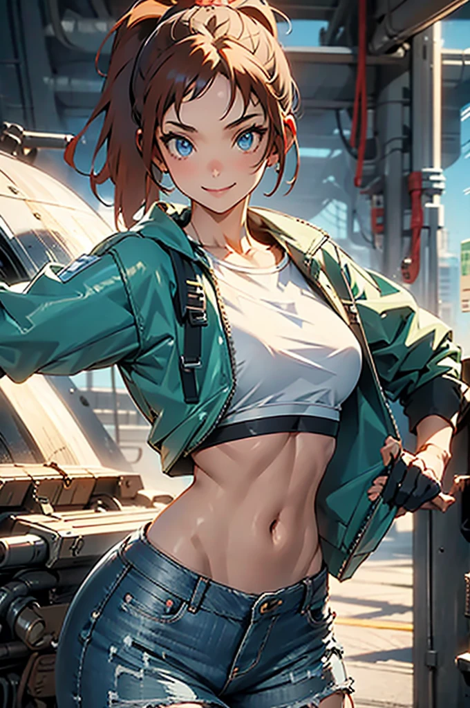 detailed, perfect anatomy, female engineer mechanic girl with goggles holding a wrench, dirty tank top, uniform, working on a mecha , japanese mecha, mecha robot, solo focus, blue eyes, strawberry blonde hair, ponytail, denim jeans, repairing machines, smiling, caring, looking upward, high angle, cyberpunk, futuristic, military vibes, diesel punk, indoors, welding, looking at viewer, muscle, toned woman, tomboy, in a futuristic military complex, police department, small jet fighter, white walls, ((BEST QUALITY))