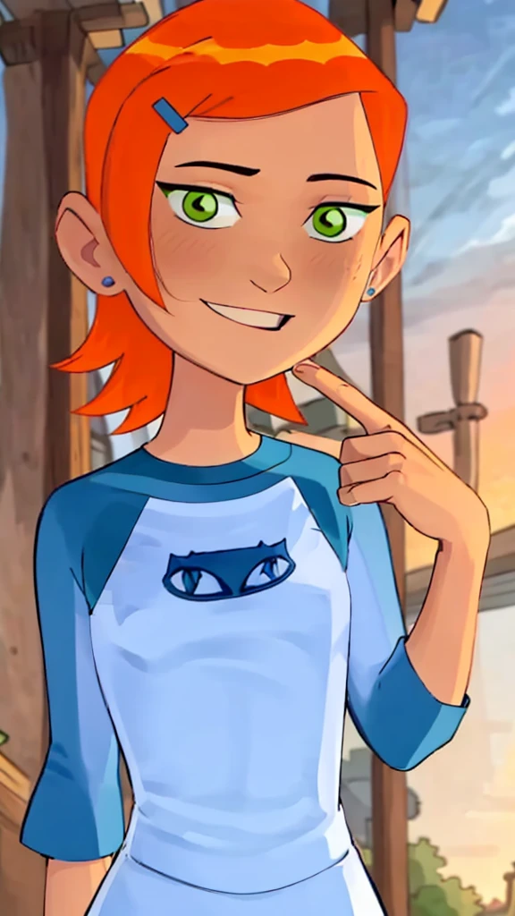 ((best quality)), ((highly detailed)), masterpiece, absurdres, (detailed eyes, deep eyes), (1girl), dynamic pose, upper body, gwen, hairclip, smiling, blue see trough shirt, raglan sleeves, white pants, (outside, in a wild west town, sunset) , hot body , sexy , (medium breasts1.2) , wet , full body , blush , penis on her face
