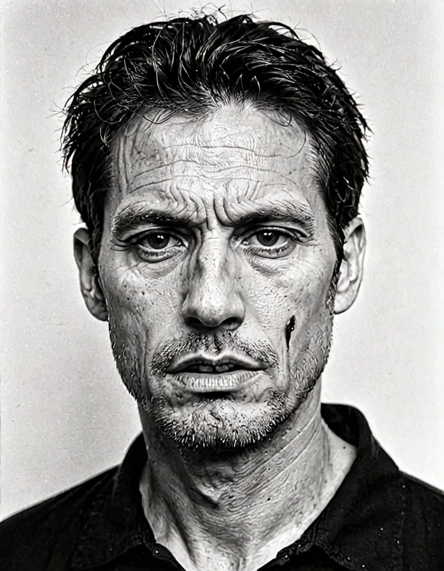 ab0m,(horror, monochrome, 35mm film), pure white background, white id photo, closeup, photo of 50 y.o man in dark clothes, serious face,