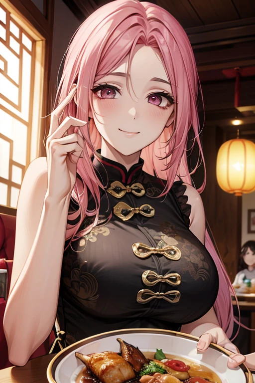 Highest quality,Masterpiece,8K,China dress,Big Breasts,Best Style,Droopy eyes,smile,Pink Hair,Chinese restaurant