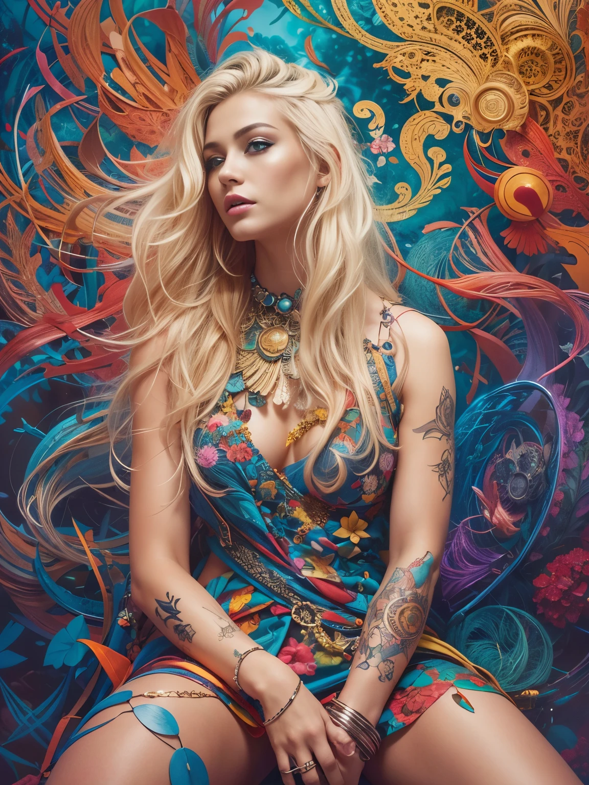 official art, unity 8k wallpaper, ultra detailed, beautiful and aesthetic, masterpiece, best quality, (zentangle, mandala, tangle, entangle), (fractal art:1.3) , 1 ultra hot gorgeous European woman, age 23. Blonde hair. She’s a playmate and men magazine model, blue jungle, extremely detailed, dynamic angle, the most beautiful form of chaos, elegant, a brutalist designed, vivid colours, romanticism, by james jean, roby dwi antono, ross tran, francis bacon, michal mraz, adrian ghenie, petra cortright, gerhard richter, takato yamamoto, ashley wood, atmospheric. Full body shot. Bokeh, golden hour