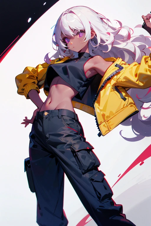 A girl who has purple eyes and curly white hair has dark skin, wears black cargo pants and a red and white crop top over a yellow jacket.