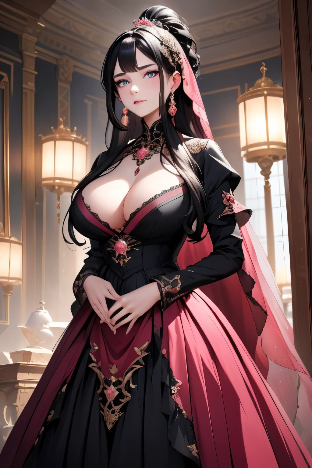 masterpiece, best quality, finely detailed, maximalist, 4K, 8K, high resolution, extremely delicate and beautiful, black-haired chubby beauty, aged 20, adorned in a captivating black and red long-sleeved ball gown, her face adorned with strong pink makeup, gorgeous dark-blue eyes accentuated with intricate details, her lips, too, delicately rendered in detail, striking a suggestive pose, flashing an evil smile, her hair cascading down to her waist in a long, black ponytail, with a light and transparent veil filling the scene with charm