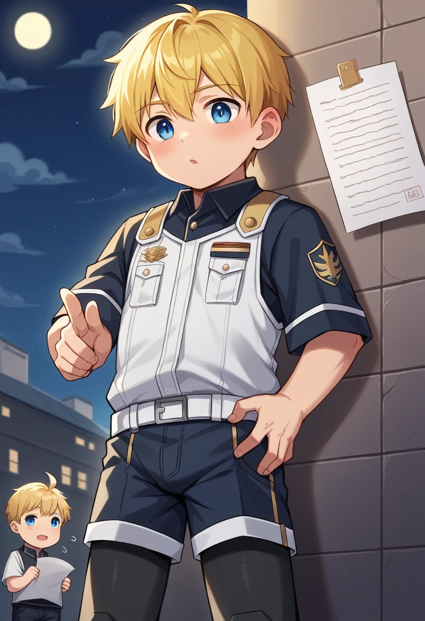 High accuracy,Wall paper,Single,little child,1 child,creative,clarification,Blue eyes,yellow hair,Tafah,male,male focus,child, ((Tafah)),(((Best quality))), (High quality, Fascinating), (Expressive eyes, Perfect face), 1, Single, male, short,, On top of the building, Night sky, dark, Buildings, (wear short shorts), simper,shorts:1.3,(black combatant uniform:1.1,swelling:1.4,dark power:1.3,Sentai,black:1.3, all black outfits:1.1,Erect under pants),