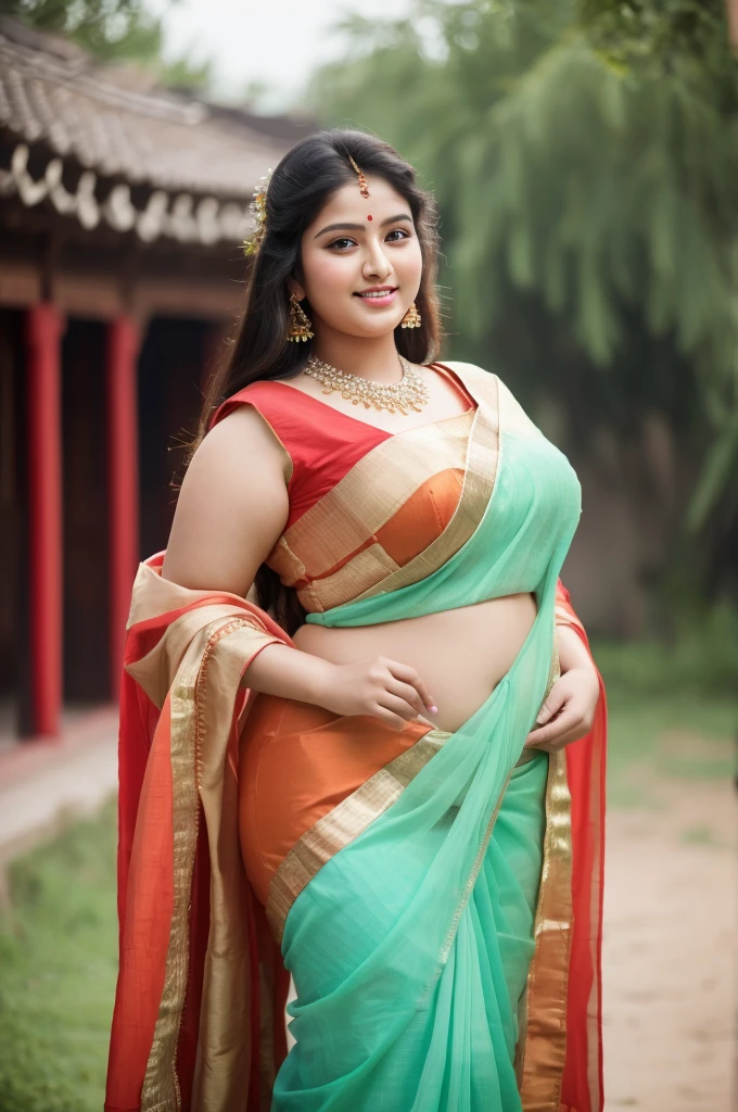 1 Heavenly beautiful and goddess beauty cute and sweet looking face Indian female in front of Zhanli Village, China, Heavenly beautiful Overweight, Heavenly beautiful Extremely fat, Heavenly beautiful and attractive Chubby figure , Heavenly beautiful looking and eye catching luxury style tight fitting Indian traditional sarees , reaching out, Heavenly beautiful Arabian woman, 16k, High resolution, masterpiece, highest quality, fine skin, outside view, Realistic Photograph, size 45 and waist size 32, close up face view