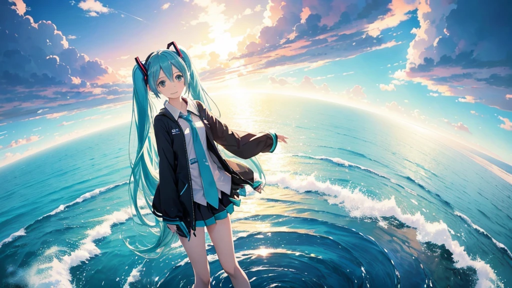 Please draw Hatsune Miku in detail using upscale。The background is just the sky and horizon of an infinite digital world.、Light particles and electronic ripples are the only decoration。Miku&#39;s costume has a simple and modern design.、Her presence stands out in this empty landscape.。