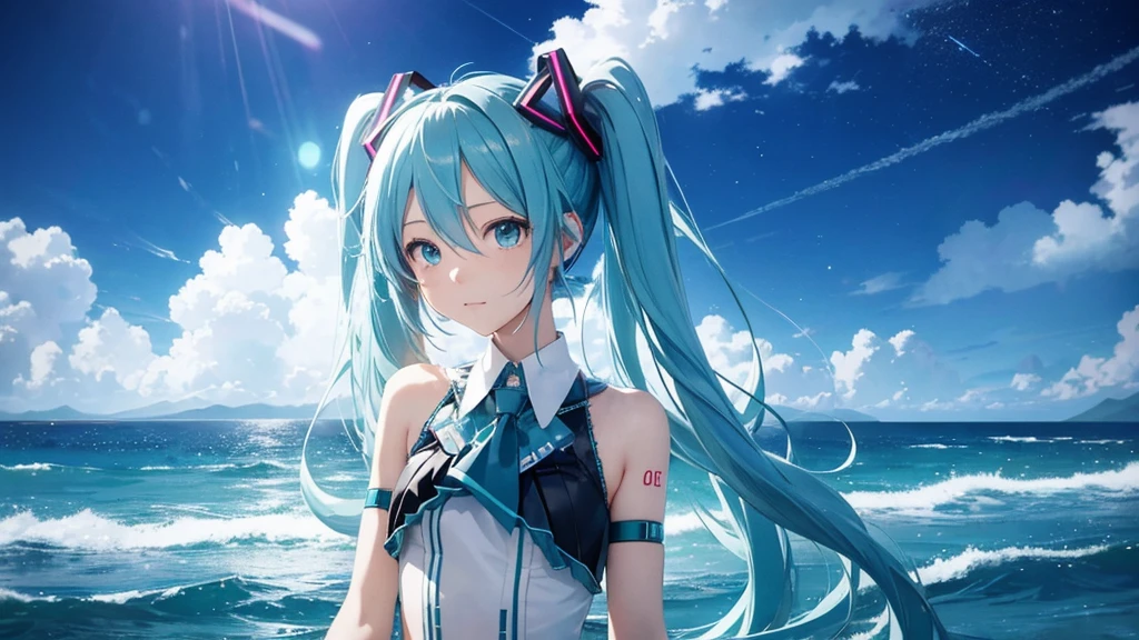 Please draw Hatsune Miku in detail using upscale。The background is just the sky and horizon of an infinite digital world.、Light particles and electronic ripples are the only decoration。Miku's costume has a simple and modern design.、Her presence stands out in this empty landscape.。