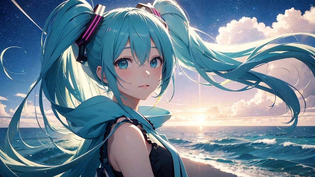 Please draw Hatsune Miku in detail using upscale。The background is just the sky and horizon of an infinite digital world.、Light particles and electronic ripples are the only decoration。Miku's costume has a simple and modern design.、Her presence stands out in this empty landscape.。