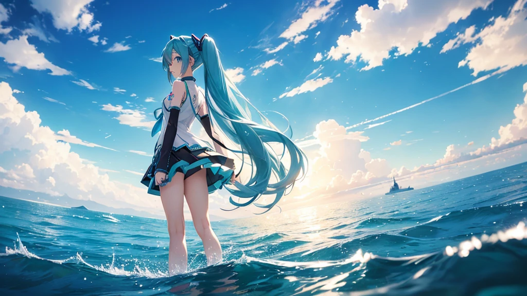 Please draw Hatsune Miku in detail using upscale。The background is just the sky and horizon of an infinite digital world.、Light particles and electronic ripples are the only decoration。Miku&#39;s costume has a simple and modern design.、Her presence stands out in this empty landscape.。