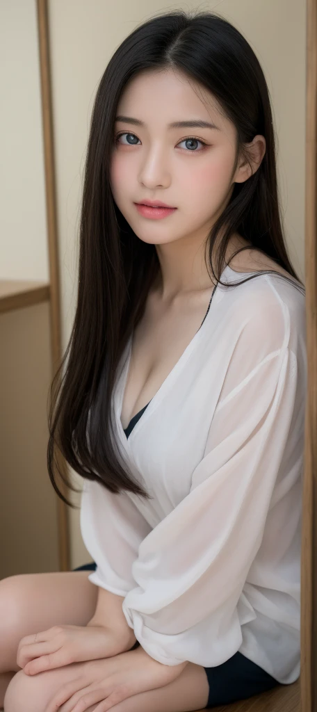 (((32ｋ,High Details,High Detail、masterpiece,Attention to detail,whole body,Solitary))),RAW photos & Realistic atmosphere,beauty的深蓝色眼睛,Detailed mouth,Glossy lips,Sparse eyebrows,beauty眼睛、Soft, fair skin，Every detail sparkles、Her deep blue eyes are so beautiful,Lip detail、Very beautiful face,Good face shape、lifelike face,闪耀beauty的双唇,beauty的眉毛,Infinite Reality, Realistic Like hand gravure idol,Very cute high school girl, , Like a sexy photo idol, Like hand gravure idol, Very nice and lovely１7 years old beautiful girl,Blushing face,令人难以置信的beauty和优雅１7 years old beautiful girl,Natural soft lighting,（Jet black shiny hair,,barefoot,beauty而善良的眼睛：1.5）,（like々beauty,Gentle smile,Chest shape,,The body is not yet mature,Long hair,Let your hair hang high，Tie up,Beautiful posture,without make-up,Miss ,Clothes like Shinsengumi,look here,Expectations，cleveage