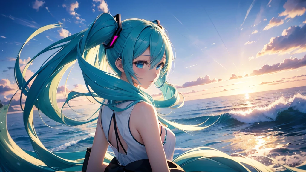 Please draw Hatsune Miku in detail using upscale。The background is just the sky and horizon of an infinite digital world.、Light particles and electronic ripples are the only decoration。Miku's costume has a simple and modern design.、Her presence stands out in this empty landscape.。