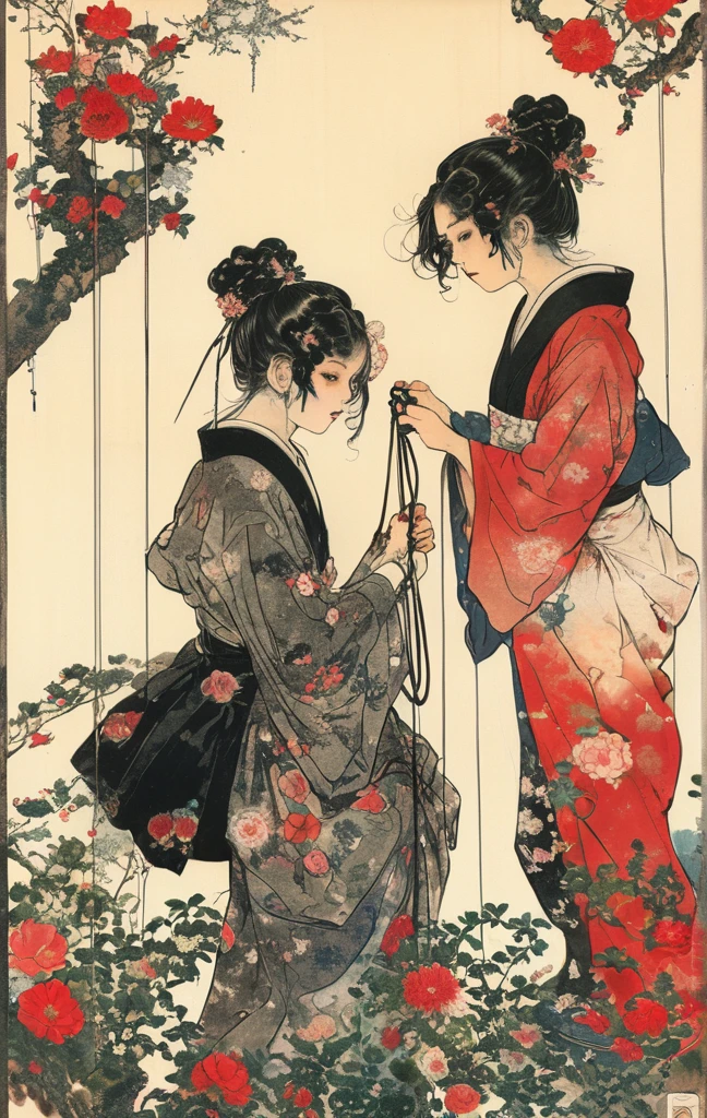 japanese line art , two school girls in a garden tying each other up with chains and rope, knots, bdsm , floral damask background , in the style of takato yamamoto