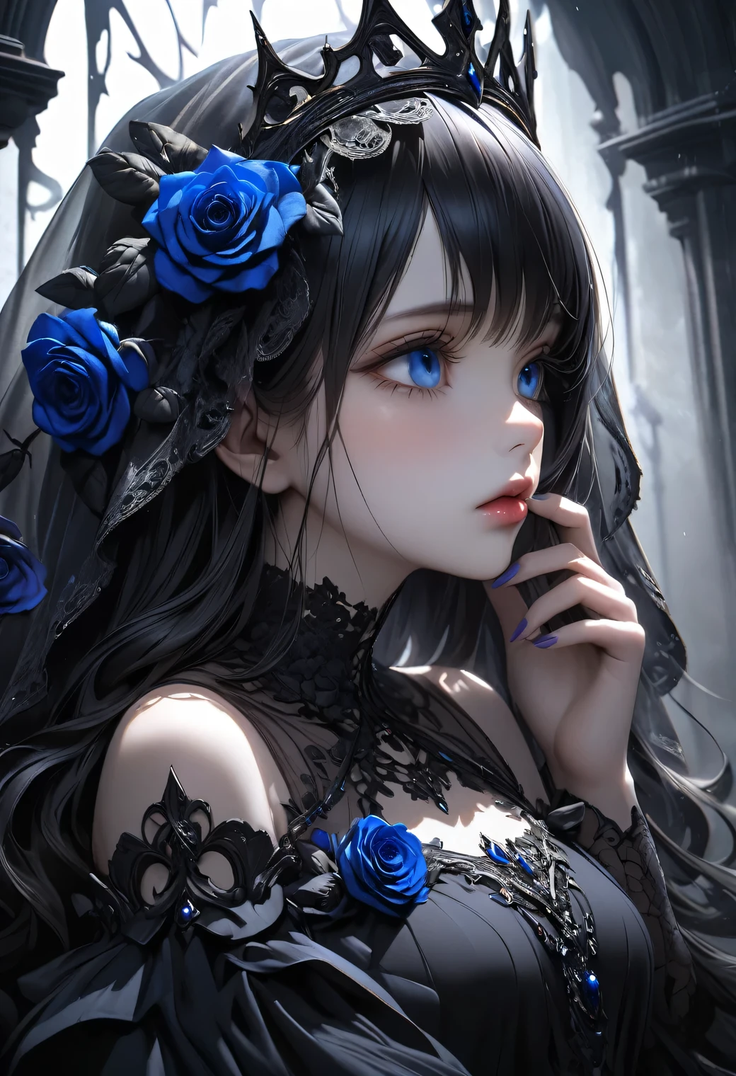 dramatic angle, beautiful detailed eyes, beautiful detailed lips, extremely detailed eyes and face, longeyelashes, beautiful and cute young girl, a princess of the underworld, a gloomy expression, a downcast face, looking up, hand on mouth, white and black gradation hair, through bangs, flowing hair, a black race sheer veil adorned with blue-black roses, an exquisitely beautiful black dress adorned with blue-black roses, a gloomy underworld background, (highest quality,16k,highres,masterpiece:1.2),ultra-detailed,(ultra-realistic,photo-realistic:1.37),HDR,UHD,studio lighting,ultra-fine painting,sharp focus,physically-based rendering,extreme detail description,professional,vivid colors,dark gothic,dramatic lighting,chiaroscuro,mysterious,melancholy,somber,surreal,fantasy