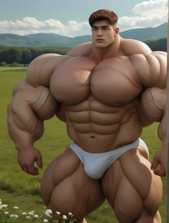 1boy, giant, bodybuilding pose, stand, illuminating light, strong body, bulk, large size, staring, fully-exposed, outdoor, at the countryside meadows, nude, white triangular underwear, prominent bulge, extraordinary big, brutalmass, giant, muscular body, bulk, buff, massive body, large meaty body size, extremely wide size