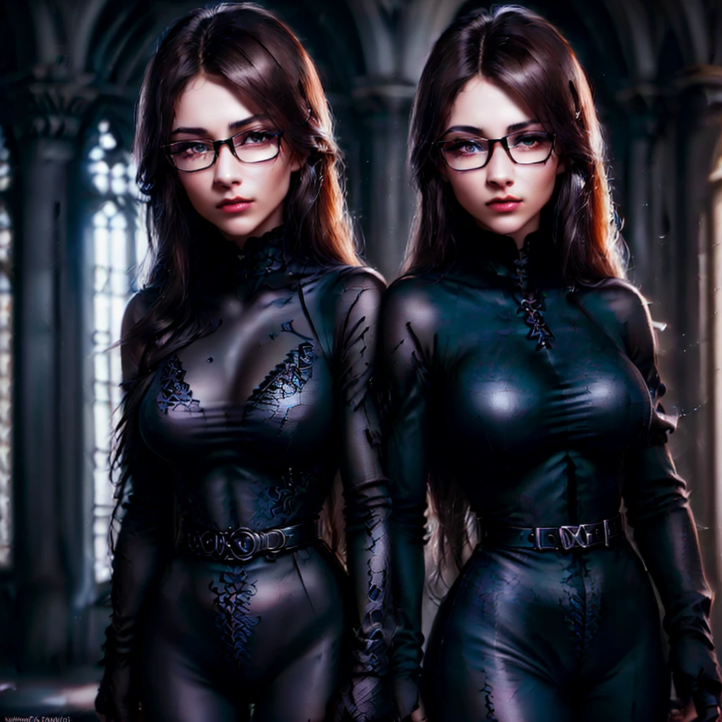 work of art, high quality CG, illustration, best qualityer, 1 girl, linked, bondage, beautiful face, face detailed, cowboy shot, dokkaebi, 1 girl, standing alone, gazing at viewer, Bblack hair, braid, cups, black gloves, waist belt, pants, eyes black, twin braids, hair with highlights, black hat, May, black pants, round glasses, black May, bonnet, Hair behind the ear,