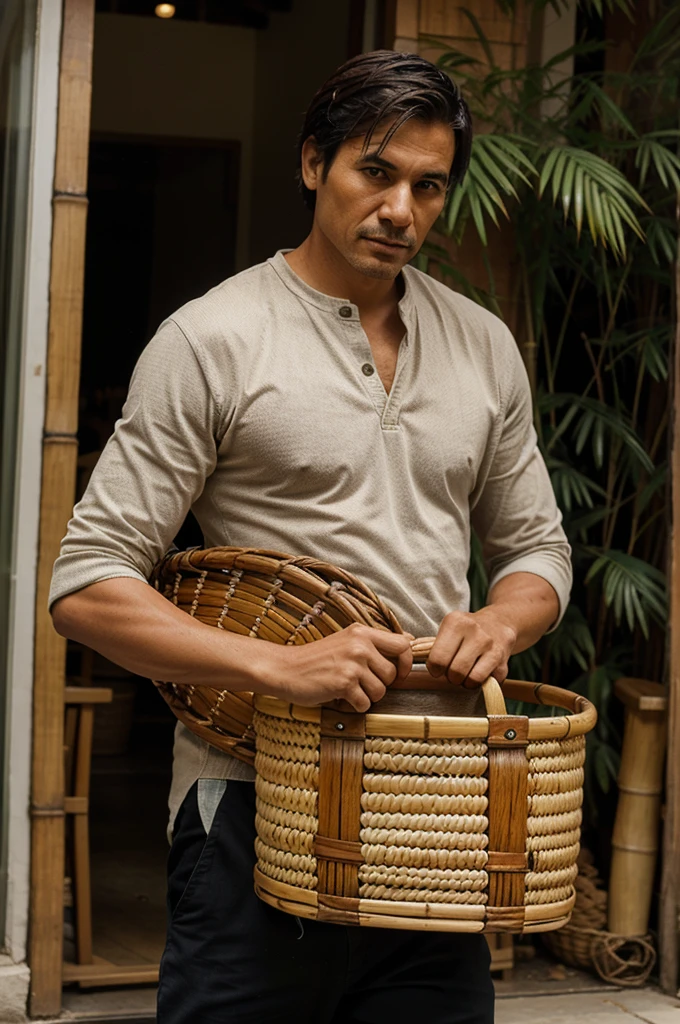 image of a man carrying a basket made of woven bamboo
